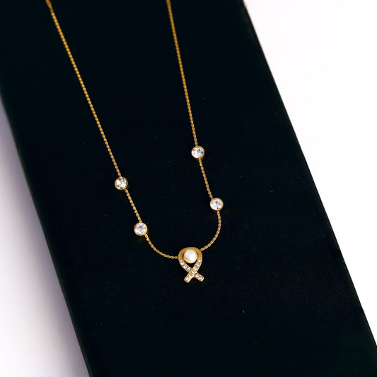 Gold Pearl & CZ Charm Necklace
