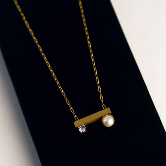 Minimal Gold Bar Pearl & Crystal Necklace