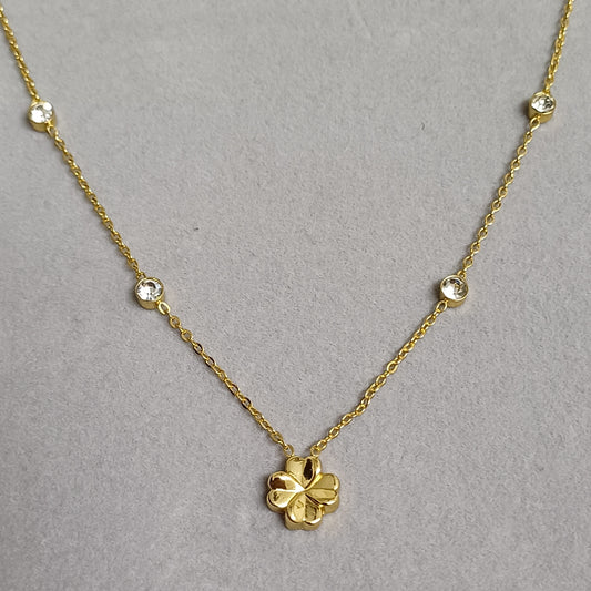 Golden Clover Charm Necklace with CZ Stones