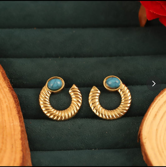 Gold Textured Hoops with Turquoise Stone