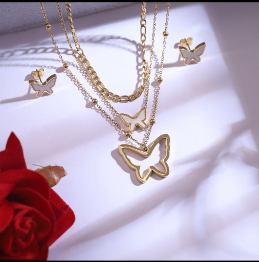 Butterfly Layered Necklace & Earrings Set (Anti Tarnish)