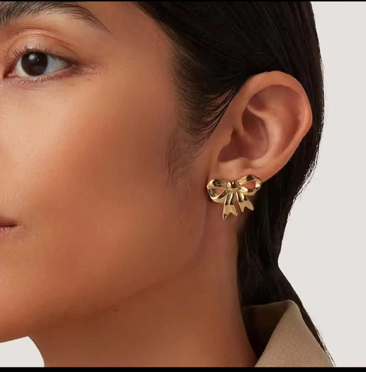 Gold Ribbon Bow Stud Earrings