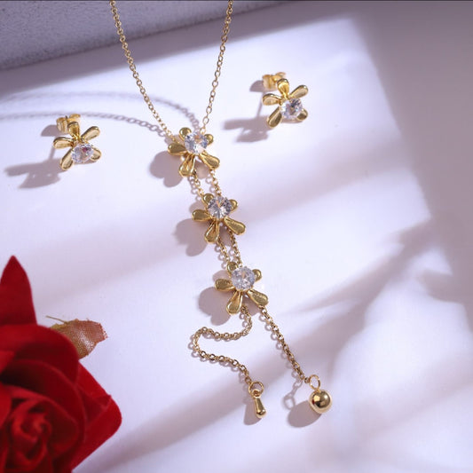 Golden Floral Crystal Necklace & Earrings Set