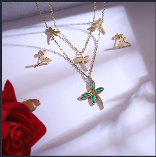 Gold Plated Dragonfly Necklace & Earrings Set