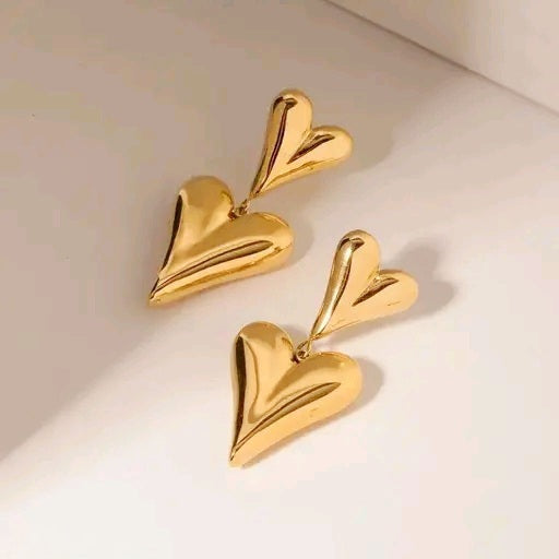 Double Heart Drop Earrings – Anti Tarnish Golden Finish